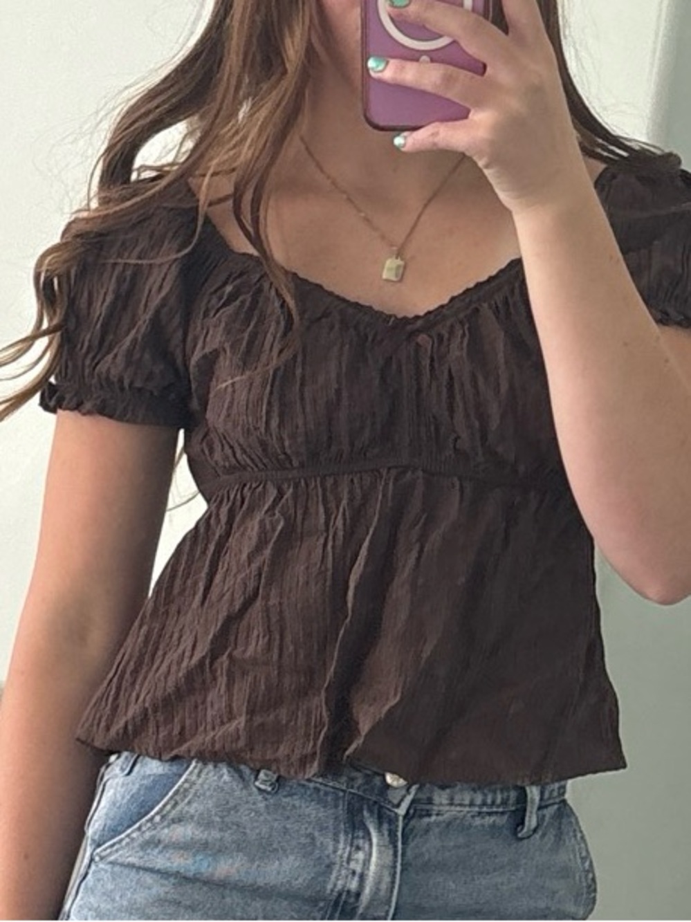 Women's Brown Ruched Short Sleeve Top